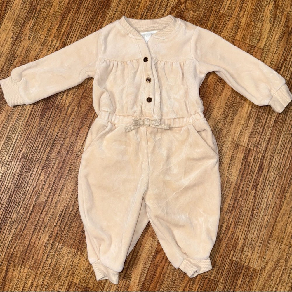 Gymboree Baby 3-6M Beige Velour Long Sleeve Jumpsuit Romper Bow Waist Soft Comfy